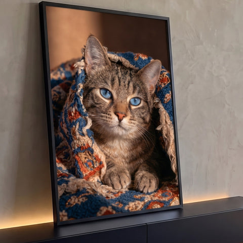 Gato rajado de olhos azuis sob manta de tricô azul, laranja e creme, quadro decorativo