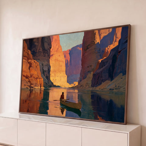 Cânion de rochas laranja refletido no rio com homem remando canoa, pintura a óleo, quadro decorativo