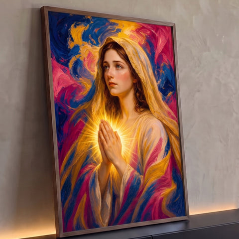Virgem Maria em prece com luz dourada nas mãos e pinceladas rosa e azul, quadro decorativo