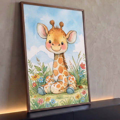 Girafinha sorridente em aquarela sentada na grama entre flores coloridas e céu azul, quadro decorativo