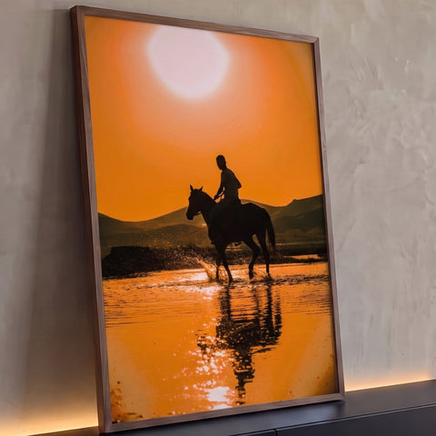 Silhueta de cavaleiro montado a cavalo cruzando rio sob sol laranja, com reflexo na água, quadro decorativo