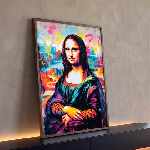 Mona Lisa pintada em grafite neon rosa, azul e amarelo com respingos de tinta, quadro decorativo