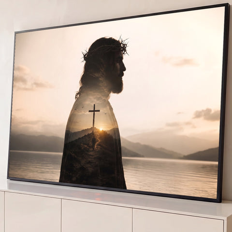 Jesus de perfil com coroa de espinhos e cruz no pôr do sol em dupla exposição, quadro decorativo