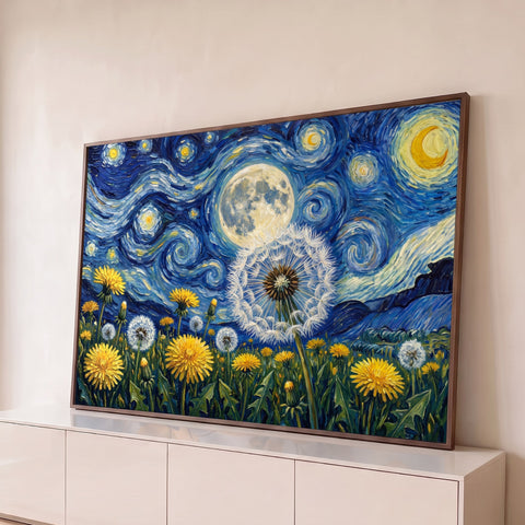Dente de leão e flores amarelas sob céu em espirais azuis e lua cheia, estilo Van Gogh, quadro decorativo