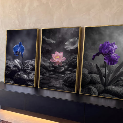 Quadro Decorativo Kit 3 Telas Orquídea Lótus para Sala Preto | quadros decorativos para sala | orquídea azul, lótus rosa e íris roxa em destaque sobre fundo preto e branco | Porao dos Quadros