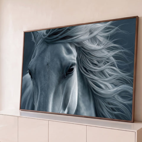 Close de cavalo branco com olhar profundo e crina esvoaçante sobre fundo azul acinzentado, quadro decorativo