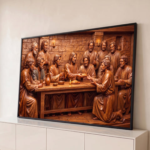 Santa Ceia em madeira entalhada, Jesus partindo o pão com apóstolos à luz de velas, quadro decorativo