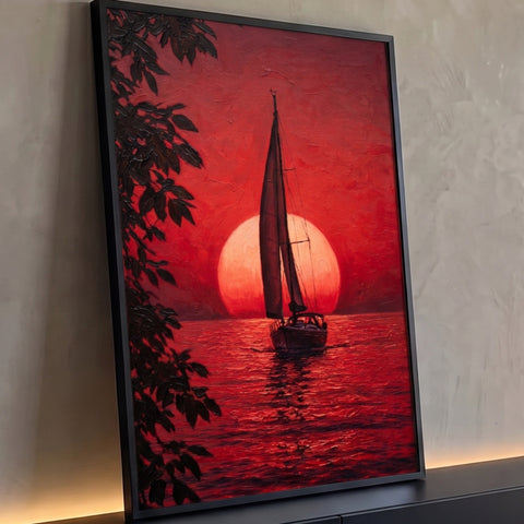 Veleiro navegando diante de sol gigante sobre mar vermelho com folhas escuras, quadro decorativo