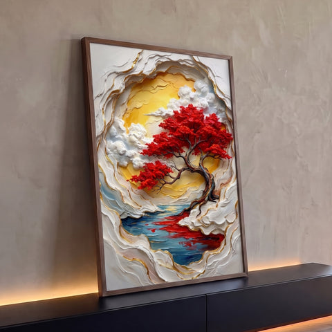 Quadro Decorativo Grande Árvore Vermelha para Sala Dourado | quadros decorativos para sala | árvore de folhas vermelhas com tronco retorcido sobre céu dourado e nuvens texturizadas | Porao dos Quadros