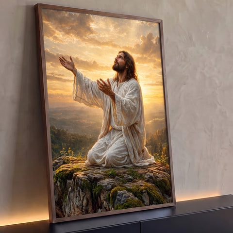 Quadro Decorativo Grande Jesus Orando Dourado para Sala | quadros decorativos para sala | Jesus ajoelhado em oração sobre rocha com céu dourado ao fundo | Porao dos Quadros