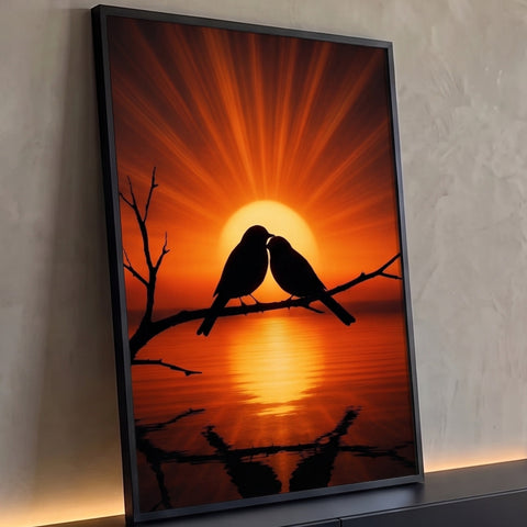 Dois pássaros em silhueta se beijando num galho ao pôr do sol laranja com reflexo na água, quadro decorativo