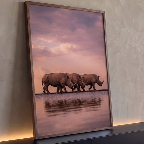 Três rinocerontes caminhando à beira do lago com reflexo e céu rosa ao pôr do sol, quadro decorativo