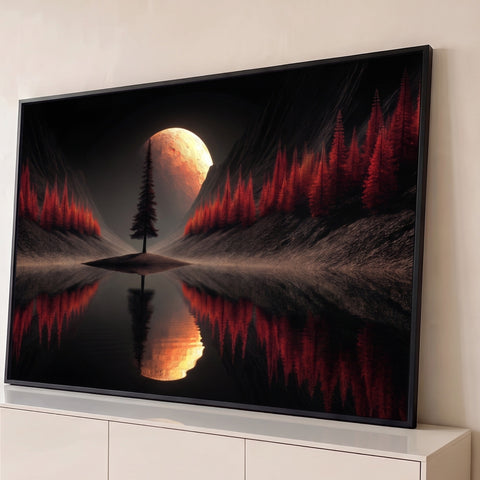 Lua gigante atrás de pinheiro solitário, floresta vermelha e lago espelhado à noite, quadro decorativo