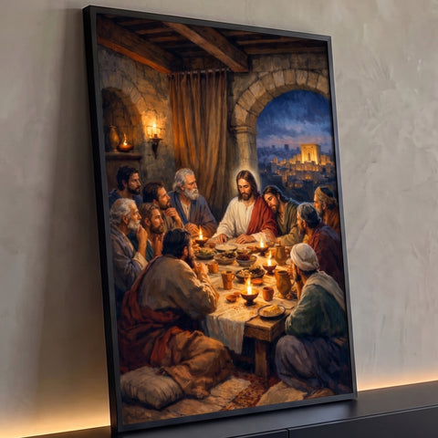 Jesus e os apóstolos na Santa Ceia à luz de velas, com Jerusalém ao fundo, quadro decorativo