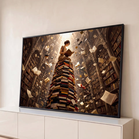 Mulher lendo sobre torre de livros em biblioteca circular com páginas voando e luz dourada, quadro decorativo