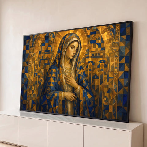 Nossa Senhora de manto azul e auréola em mosaico geométrico dourado, mãos no peito, quadro decorativo