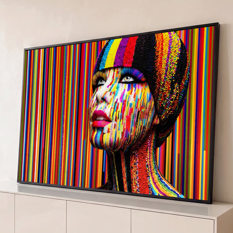 Mulher com rosto de miçangas coloridas olhando para cima, fundo listrado arco-íris, quadro decorativo