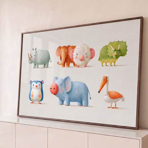 Ilustração de bichinhos fofos em tons pastel, rinoceronte, mamute, triceratops e pelicano, quadro decorativo