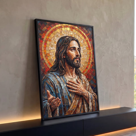 Jesus Cristo em mosaico com auréola dourada, manto azul e mão no peito, quadro decorativo