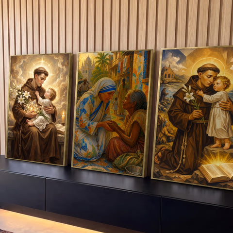 Quadro Decorativo Kit 3 Telas Santo Antônio para Sala Marrom | quadros decorativos para sala | tríptico sacro com Santo Antônio, Menino Jesus e Madre Teresa em tons dourados e azuis | Porao dos Quadros