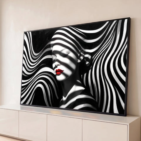Rosto de mulher de olhos fechados entre ondas preto e branco, com batom vermelho, quadro decorativo