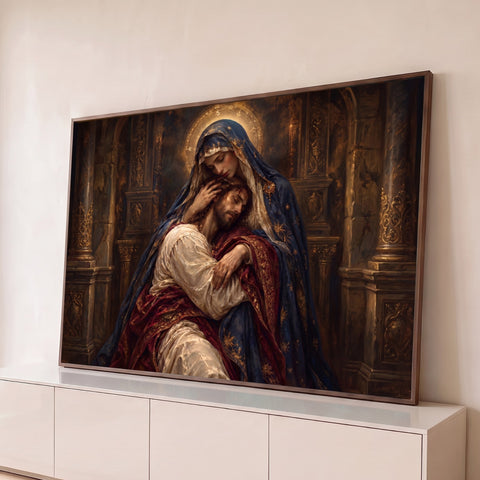 Virgem Maria de manto azul e auréola dourada abraçando Jesus em templo ornamentado, quadro decorativo