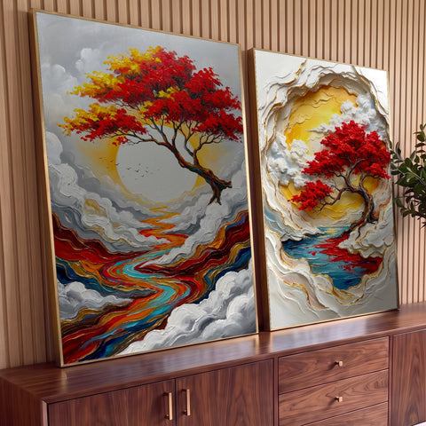 Quadro Decorativo Grande Árvore Vermelha Formatos para Sala | quadros decorativos para sala | árvore com folhagem vermelha e dourada sobre sol branco, cercada de nuvens em relevo | Porao dos Quadros