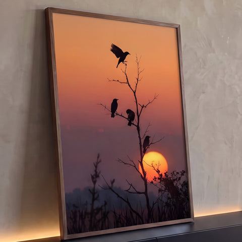 Quatro pássaros em silhueta num galho seco diante do sol se pondo em céu laranja, quadro decorativo