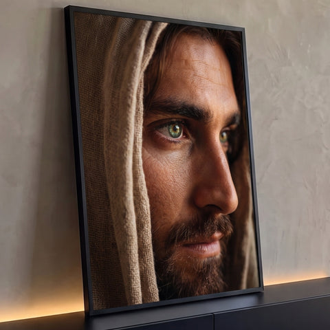 Retrato em close de Jesus com manto de juta e olhos verdes, em tons marrons, quadro decorativo