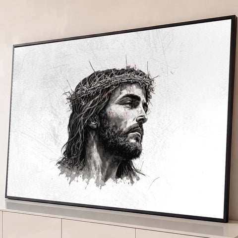 Jesus Cristo de perfil com coroa de espinhos em desenho preto e branco, fundo branco, quadro decorativo