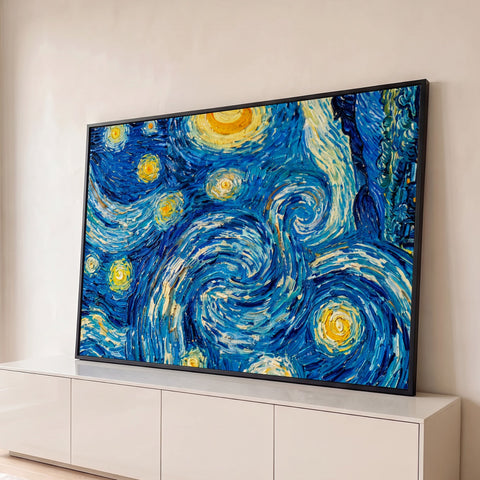 Detalhe da Noite Estrelada de Van Gogh, espirais azuis e estrelas amarelas em relevo, quadro decorativo