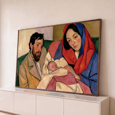 Sagrada Família expressionista, Maria de véu vermelho e azul, José e bebê dormindo, quadro decorativo
