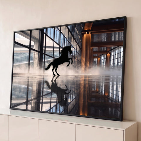 Cavalo negro empinado com reflexo em piso espelhado de saguão envidraçado e névoa, quadro decorativo