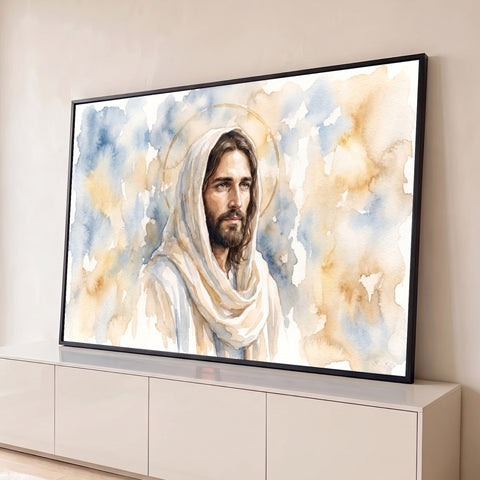 Jesus Cristo de manto branco e halo dourado pintado em aquarela com fundo bege e azul, quadro decorativo