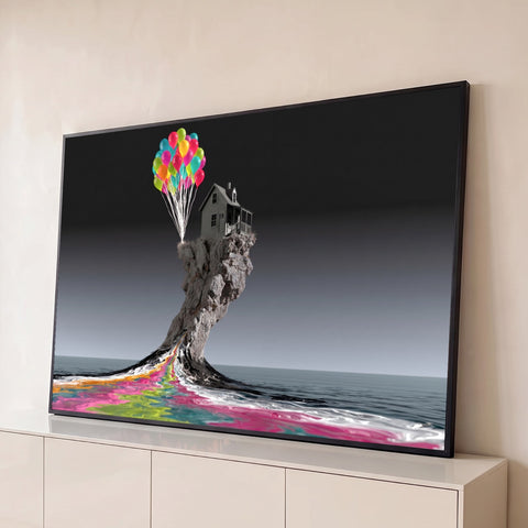 Casa cinza sobre rochedo no mar com balões coloridos e tinta colorida escorrendo na água, quadro decorativo