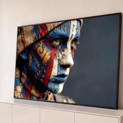Quadro Decorativo Grande Rosto Tribal para Sala Azul | quadros decorativos para sala | rosto com pintura tribal azul e vermelha, runas douradas e costuras falsas | Porao dos Quadros
