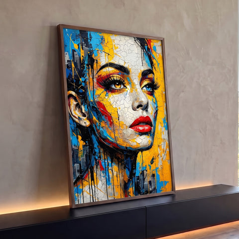 Rosto de mulher em pop art craquelado, lábios vermelhos, tons amarelo e azul e skyline, quadro decorativo