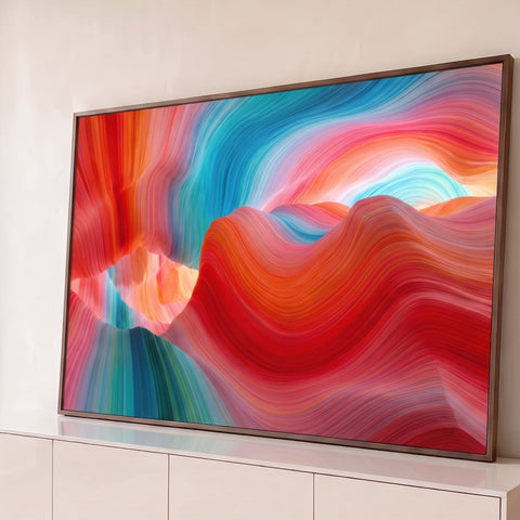 Arte abstrata de fios ondulados em vermelho, laranja, rosa e azul turquesa, quadro decorativo