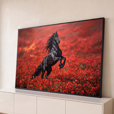 Pintura de cavalo preto empinado com a crina ao vento em um campo de papoulas vermelhas, quadro decorativo