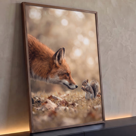 Raposa vermelha e esquilo frente a frente sobre folhas secas com fundo bege desfocado, quadro decorativo