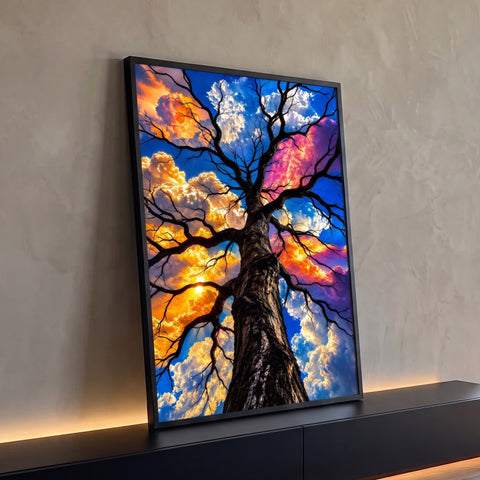 Quadro Decorativo Grande Árvore Seca para Sala Azul | quadros decorativos para sala | silhueta de árvore sem folhas contra céu colorido com nuvens de pôr do sol | Porao dos Quadros