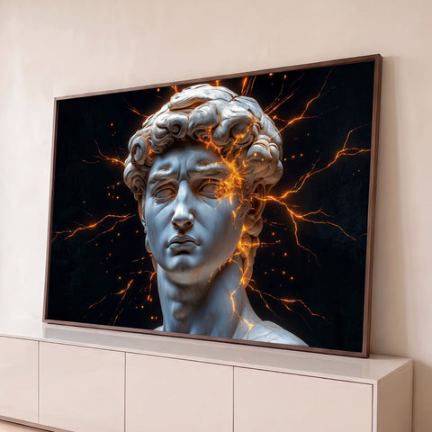 Busto de mármore de Davi de Michelangelo com rachaduras de luz laranja em fundo preto, quadro decorativo