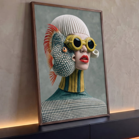 Mulher com peixe baiacu no rosto, óculos amarelos e batom vermelho em fundo verde, quadro decorativo