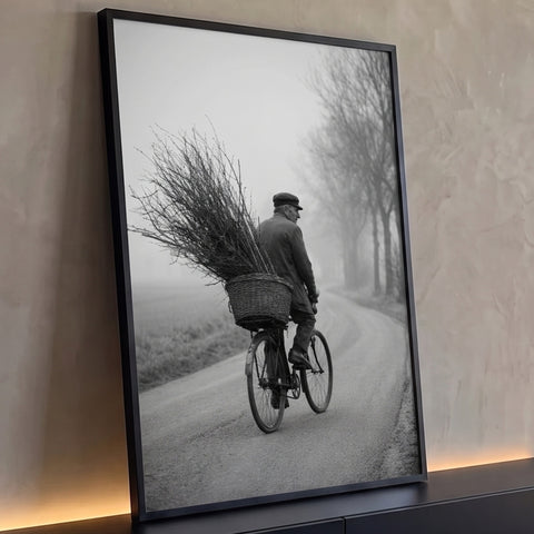 Senhor de boina pedalando bicicleta com cesto de galhos em estrada rural com neblina, quadro decorativo