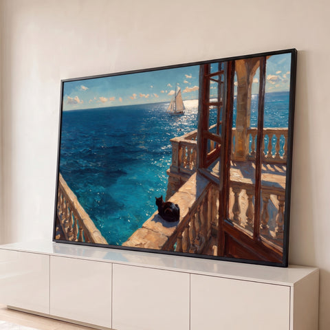 Gato preto na balaustrada de sacada diante do mar azul com veleiro, pintura a óleo, quadro decorativo