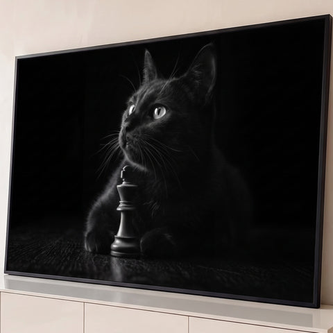 Gato preto de olhos claros deitado ao lado de um rei de xadrez em fundo escuro, quadro decorativo