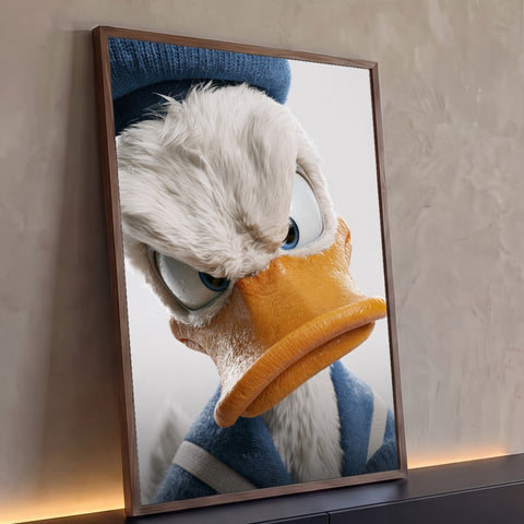 Pato branco de cara fechada com bico laranja, gorro e gola azul de marinheiro em arte 3D, quadro decorativo