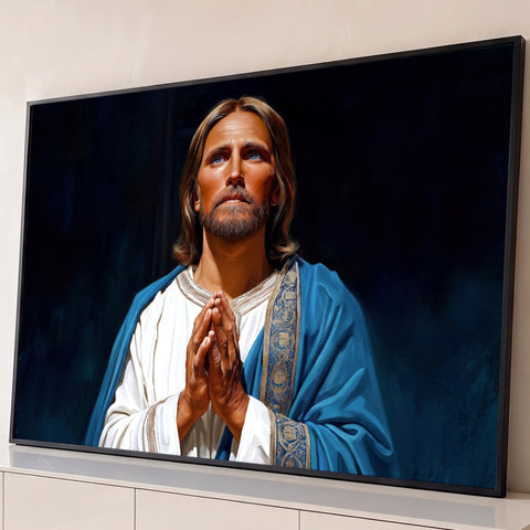 Jesus Cristo de mãos unidas em oração, manto azul e túnica branca sobre fundo escuro, quadro decorativo