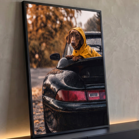 Cachorro salsicha de capa amarela no Porsche preto molhado de chuva, outono ao fundo, quadro decorativo
