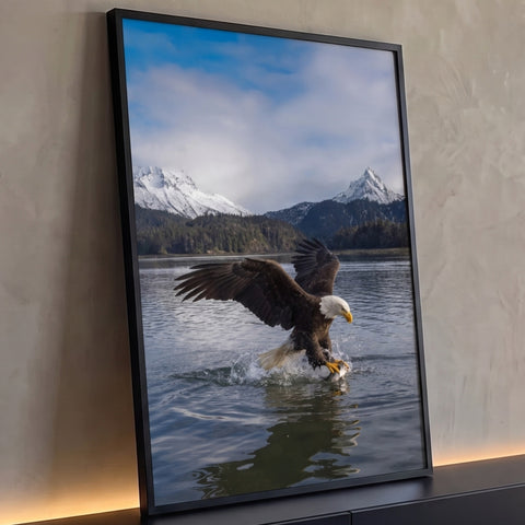 Águia-de-cabeça-branca em rasante agarrando peixe em lago com montanhas nevadas ao fundo, quadro decorativo